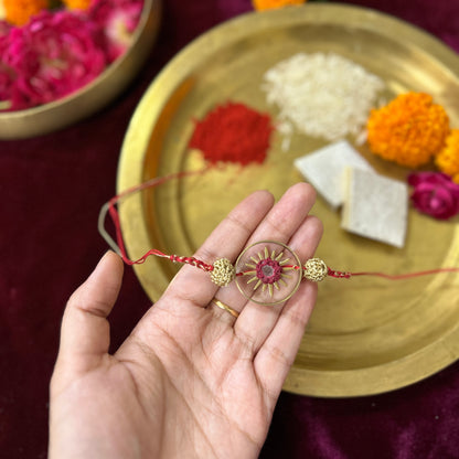 Set of Gleaming Sun in a Brass Ring Rakhi and Lumba