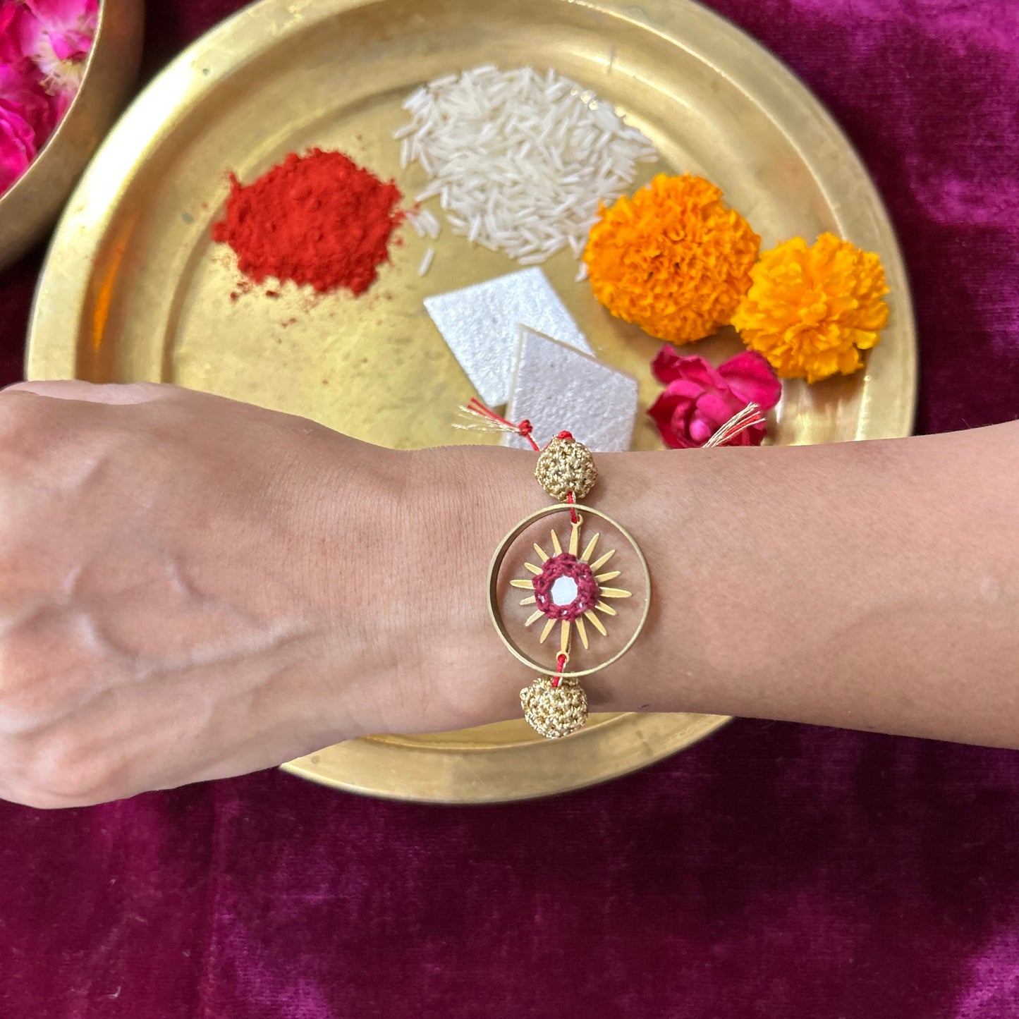 Set of Gleaming Sun in a Brass Ring Rakhi and Lumba