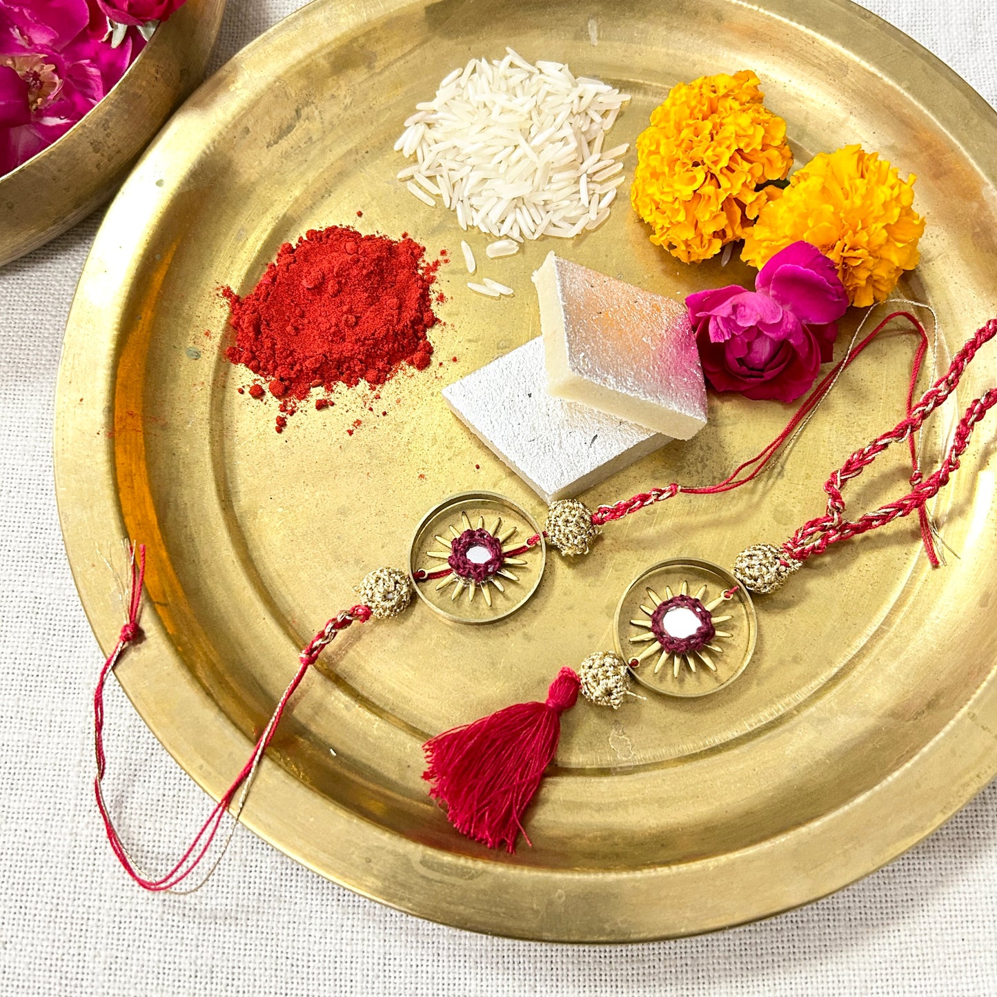 Set of Gleaming Sun in a Brass Ring Rakhi and Lumba