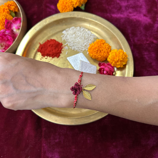 Set of Dainty Brass Leaf Rakhi and Lumba