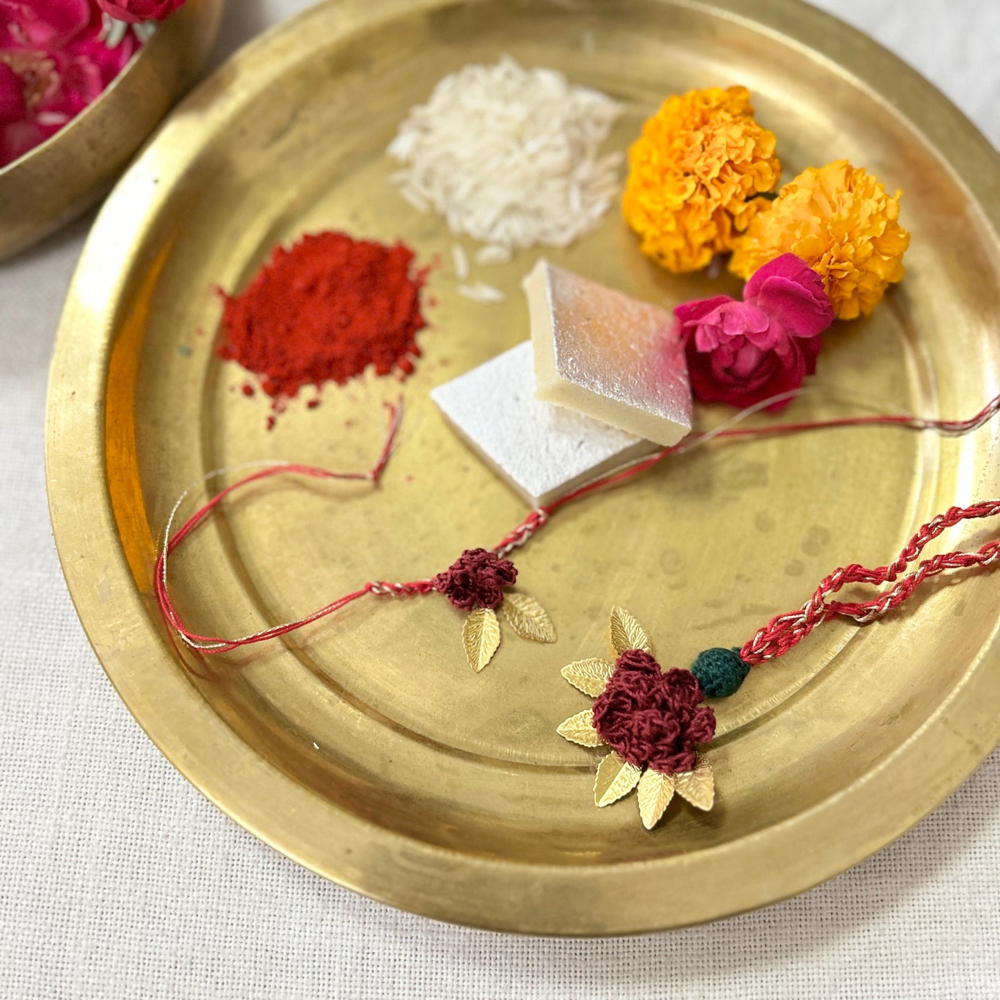 Set of Dainty Brass Leaf Rakhi and Lumba